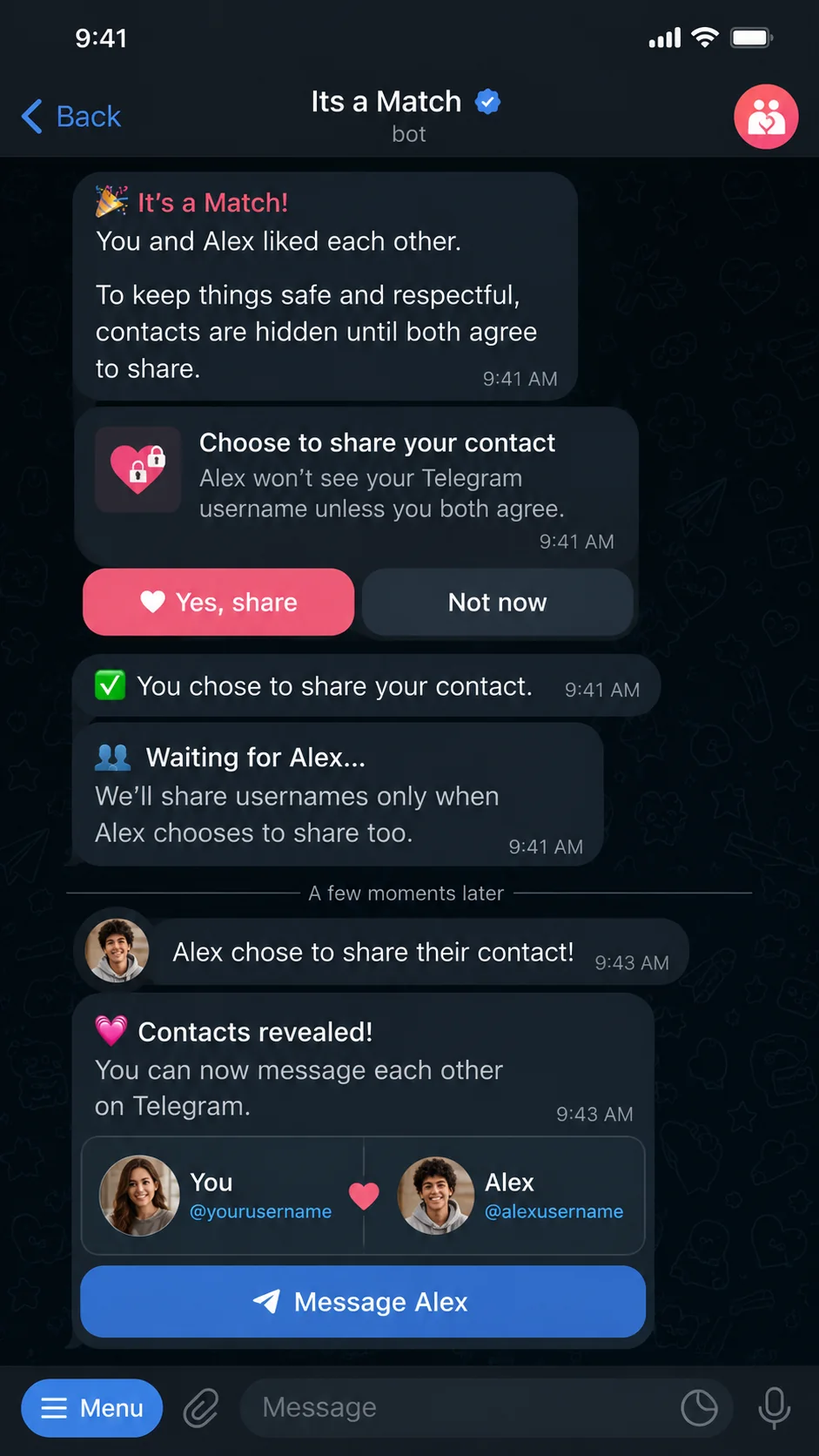 Иллюстрация взаимного согласия на обмен Telegram-контактами